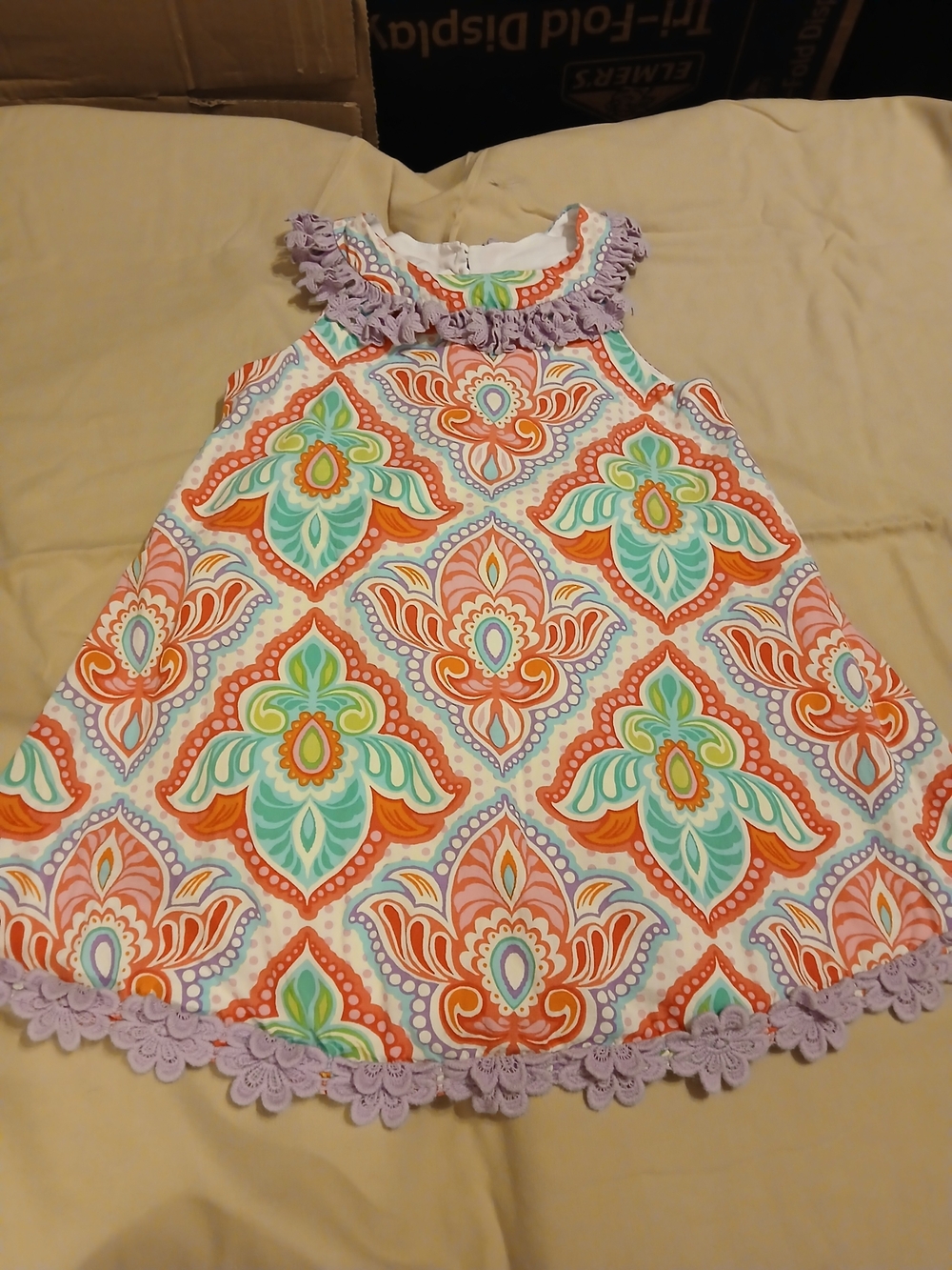 Girls' Multicolor Medallion Summer Dress with Lavender Trim